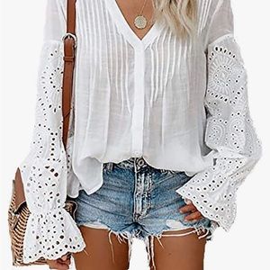 Ventelan V neck lace crochet blouse loose flowy button down t-shirt blouse